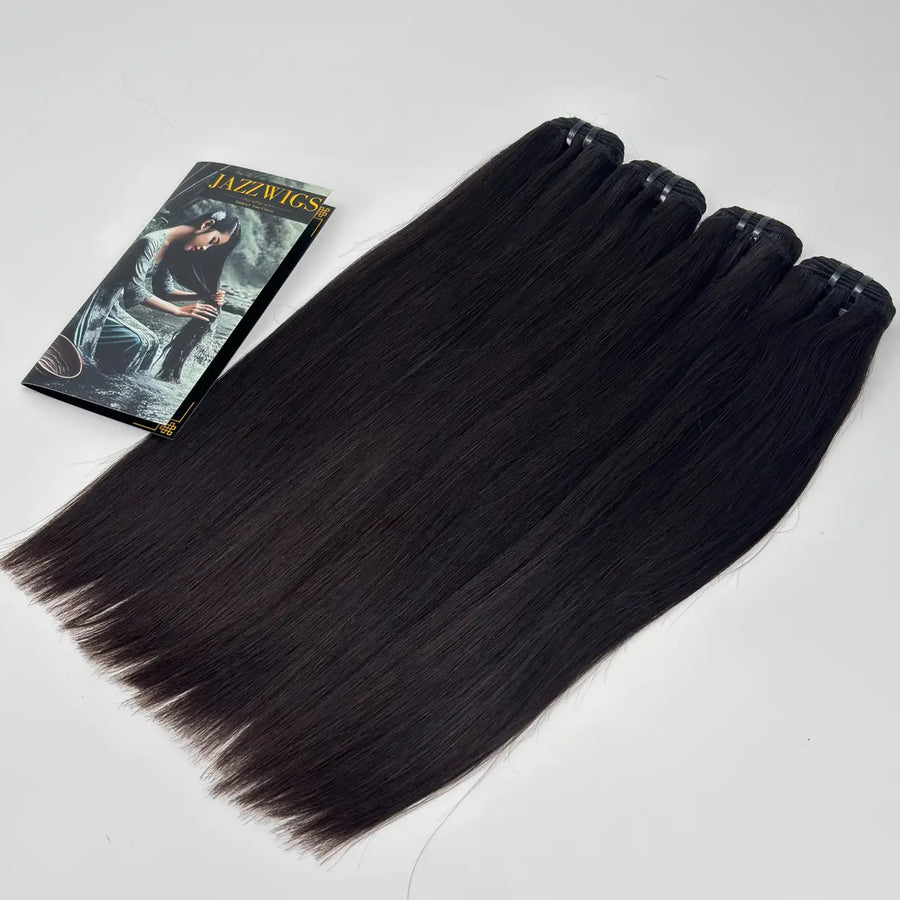 JazzWigs Raw Vietnamese Straight Hair 4 Bundles in natural black, full product view with branded card on white background.