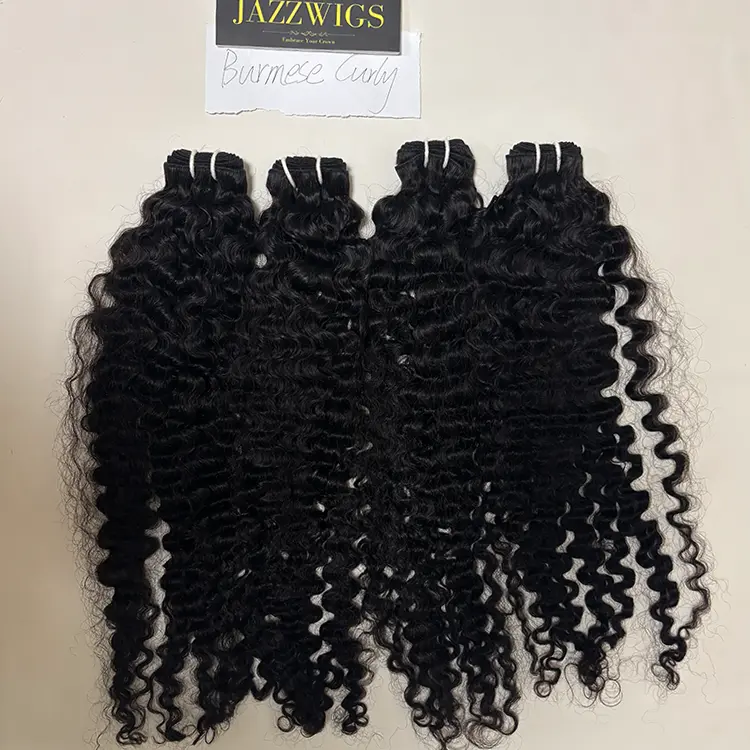 Long-lasting virgin Cambodian Burmese curly Black hair bundles with natural volume.
