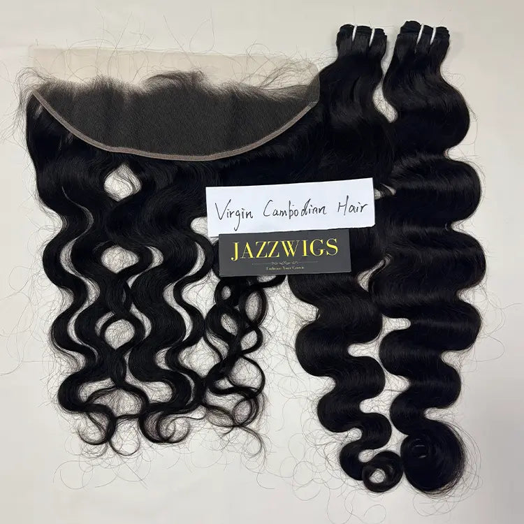2 Virgin Cambodian Body Wave Hair Bundles with 13×4 HD Lace Frontal JAZZWIGS