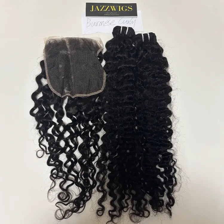 Soft Burmese curly texture with 7x7 HD lace closure and natural hairline.