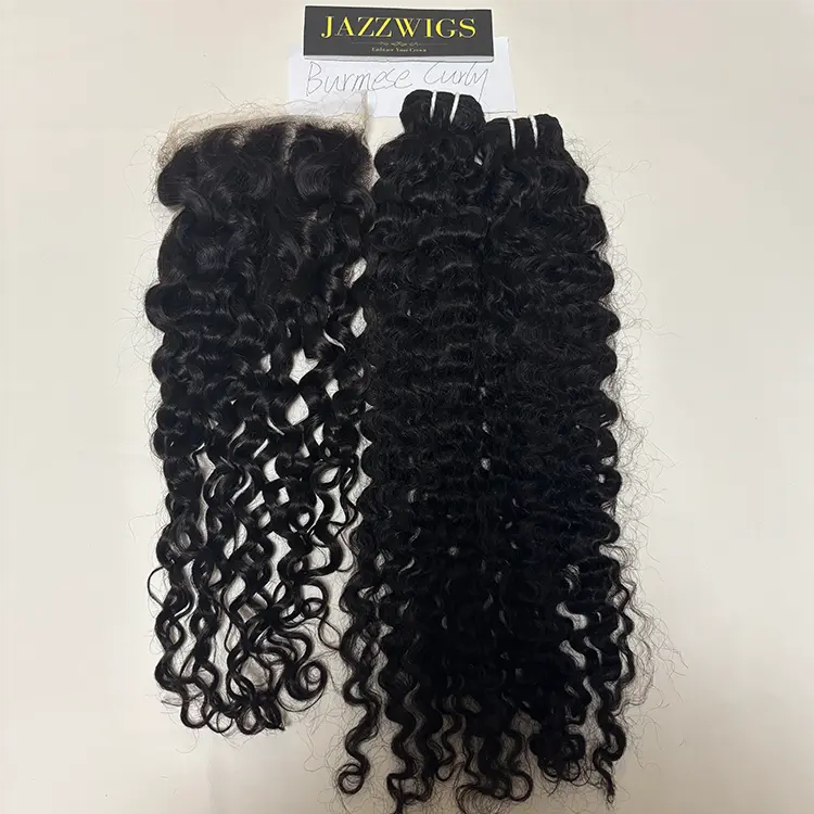 Virgin Burmese curly 2 bundles with 7x7 HD lace closure for Black women.