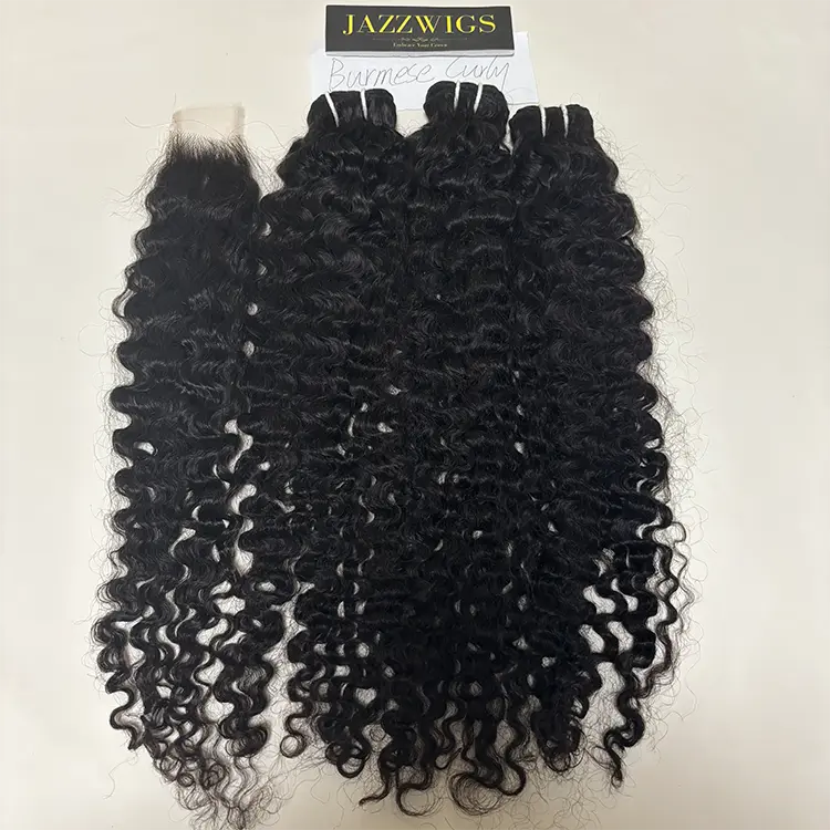 Virgin Burmese curly 3 bundles with 2x6 HD lace closure for Black women.