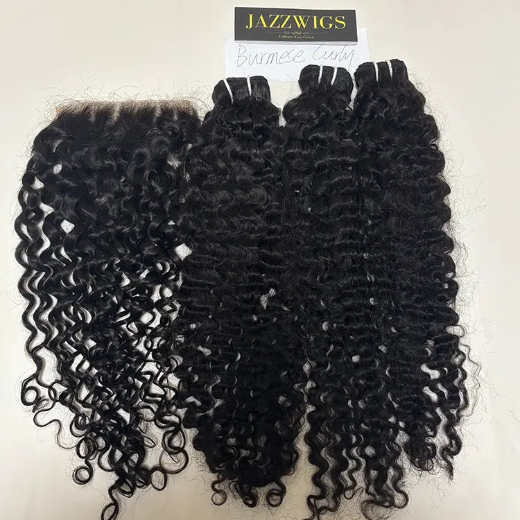 Virgin Burmese curly 3 bundles with 6x6 HD lace closure for Black women.