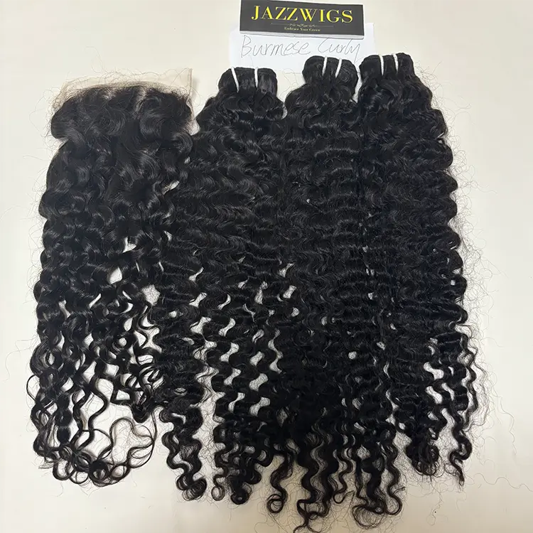Virgin Burmese curly 3 bundles with 7x7 HD lace closure for Black women.