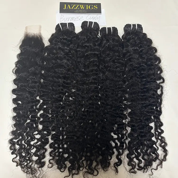 Virgin Burmese curly 4 bundles with 2x6 HD lace closure for Black women.