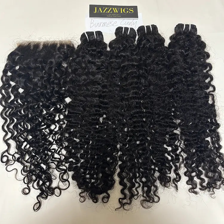 Virgin Burmese curly 4 bundles with 6x6 HD lace closure for Black women.