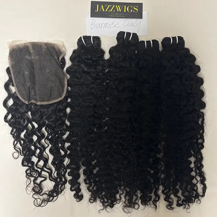 7x7 HD lace closure paired with virgin Burmese curly Black hair bundles.