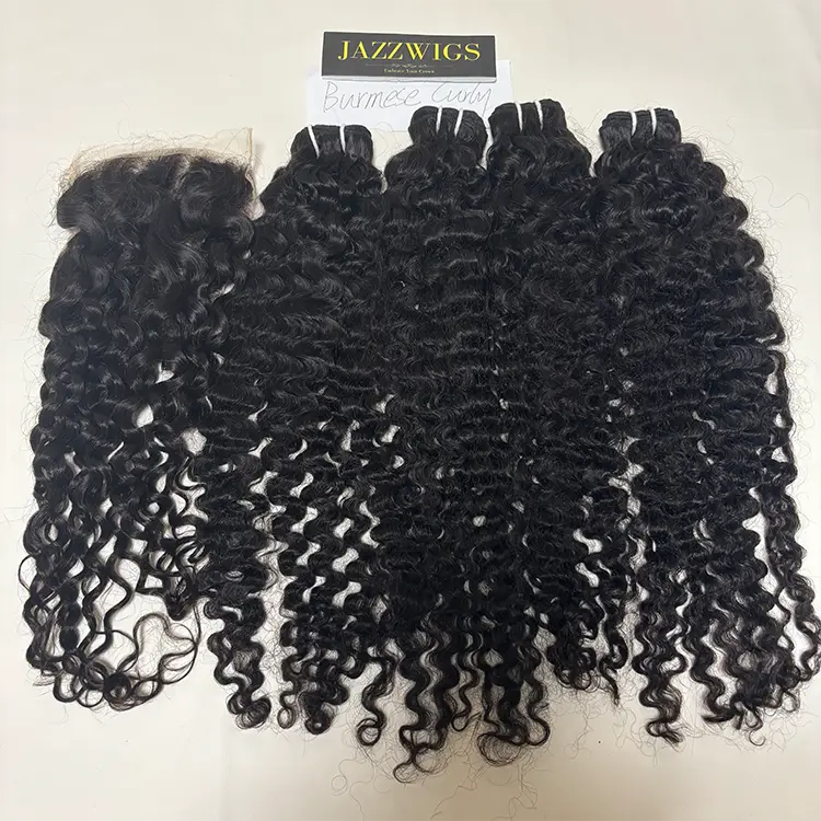 Virgin Burmese curly 4 bundles with 7x7 HD lace closure for Black women.