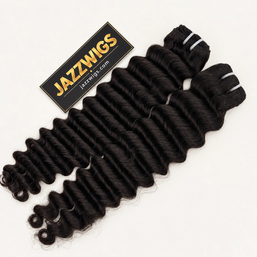 JAZZWIGS Virgin Cambodian Deep Wave human hair in natural black #1B, two bundles.