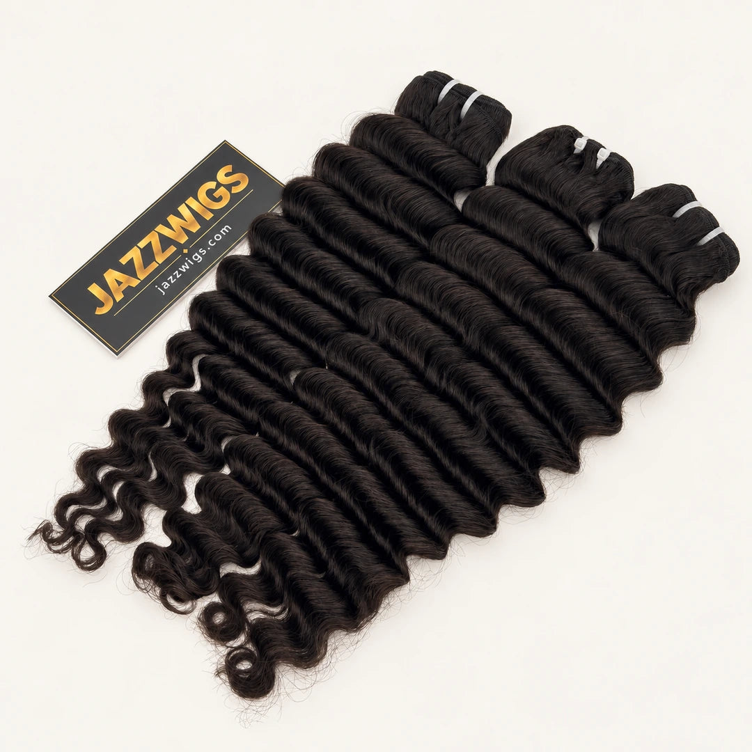 JAZZWIGS Virgin Cambodian Deep Wave human hair in natural black #1B, three bundles.