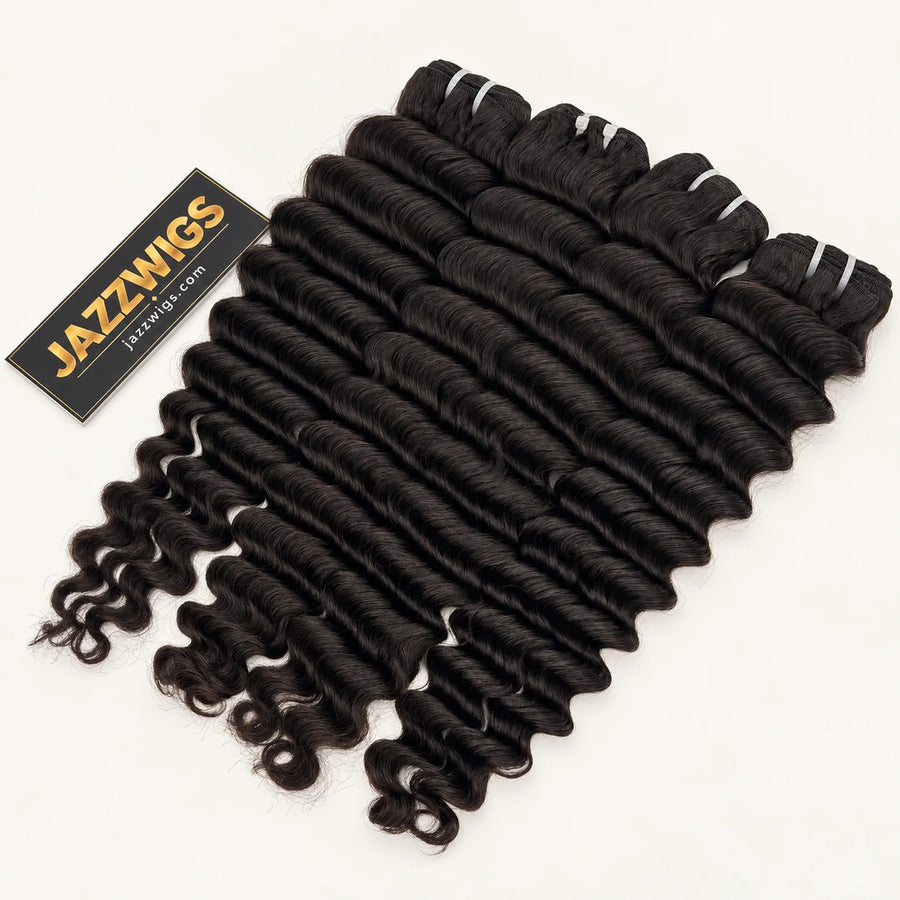 JAZZWIGS Virgin Cambodian Deep Wave human hair in natural black #1B, four bundles.