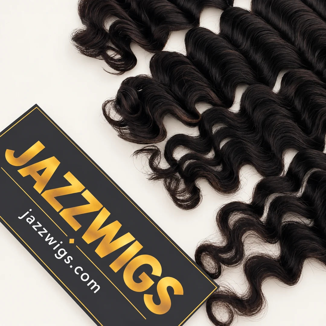 JAZZWIGS Virgin Cambodian Deep Wave human hair in natural black #1B, close-up of the wavy hair ends.