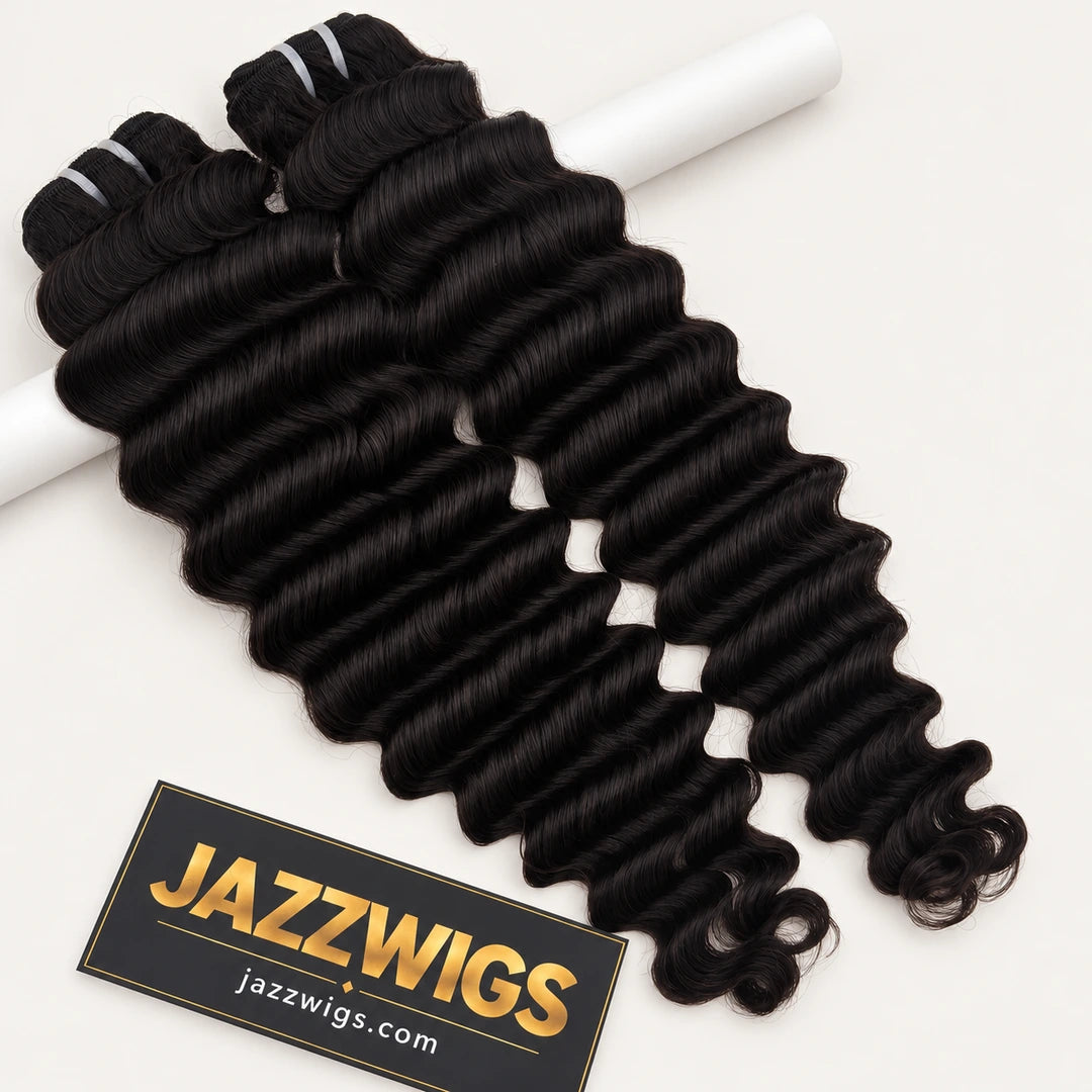 JAZZWIGS Virgin Cambodian Deep Wave human hair in natural black #1B, two bundles displayed over a white support.