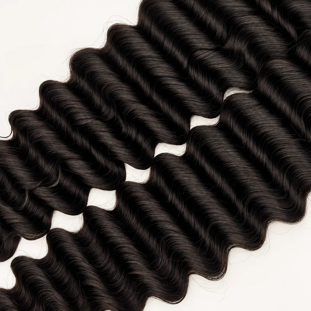 JAZZWIGS Virgin Cambodian Deep Wave human hair in natural black #1B, close-up of the Deep Wave pattern.