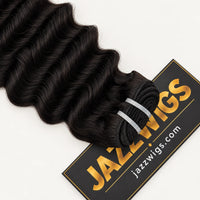 JAZZWIGS Virgin Cambodian Deep Wave human hair in natural black #1B, close-up of the sewn hair weft.