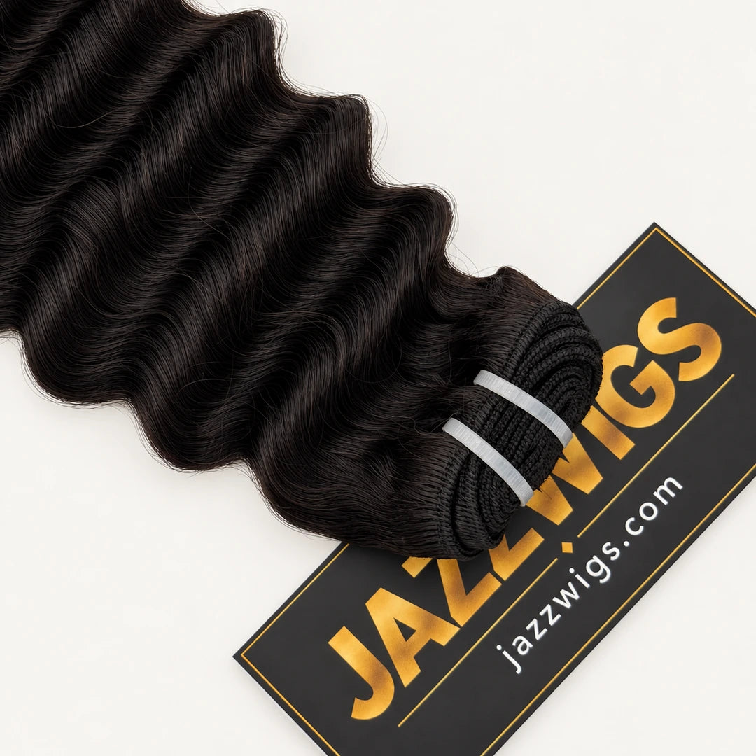 JAZZWIGS Virgin Cambodian Deep Wave human hair in natural black #1B, close-up of the sewn hair weft.