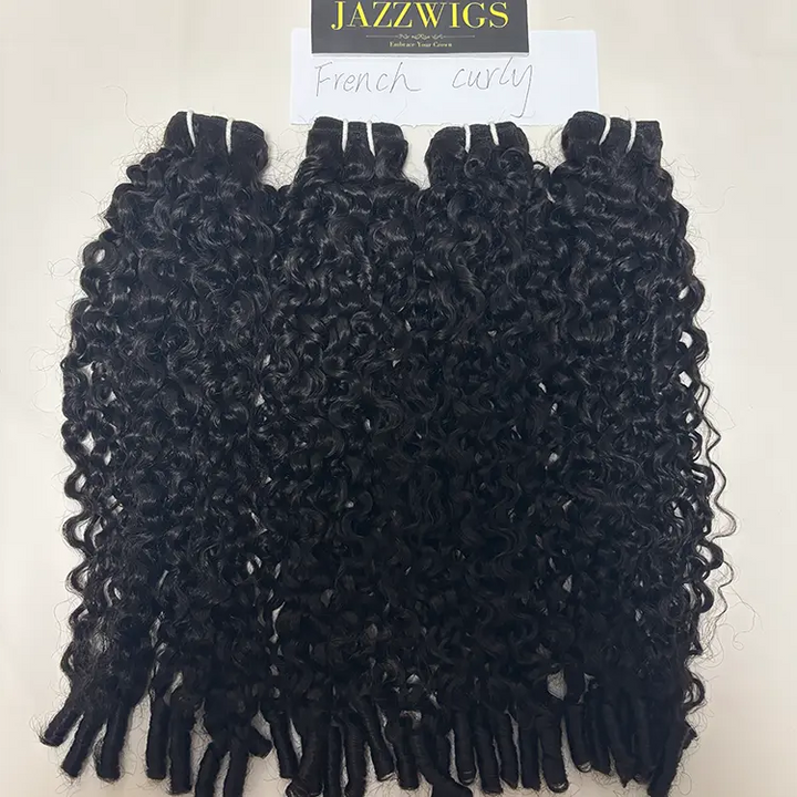 Full and bouncy virgin Cambodian French curly Black hair bundles.