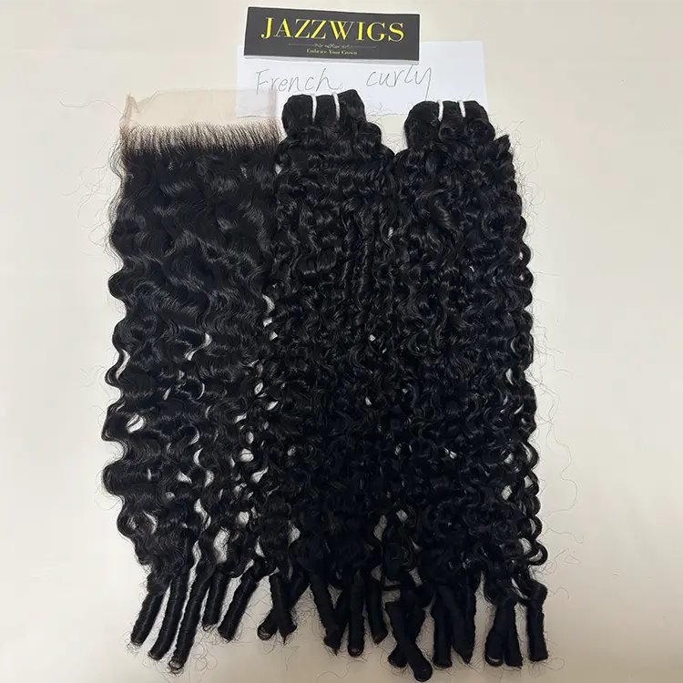 Virgin French curly 2 bundles with 5x5 HD lace closure for Black women.