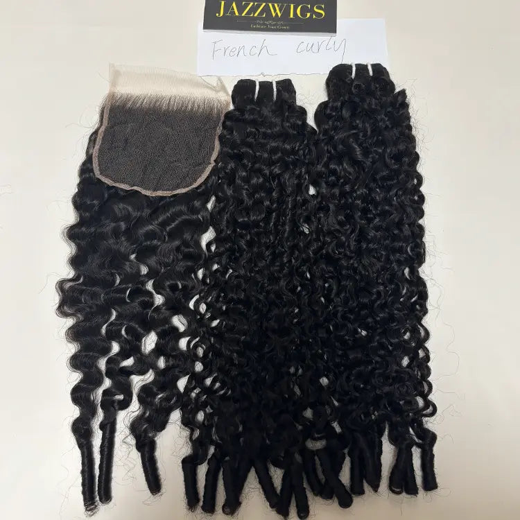 Full virgin French curly bundles with 5x5 HD lace for seamless installs.