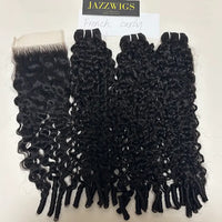 Virgin French curly 3 bundles with 5x5 HD lace closure for Black women.