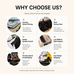 JazzWigs factory direct human hair supplier offering wholesale human hair, quality control, low MOQ, private label, dropshipping and fast global shipping.