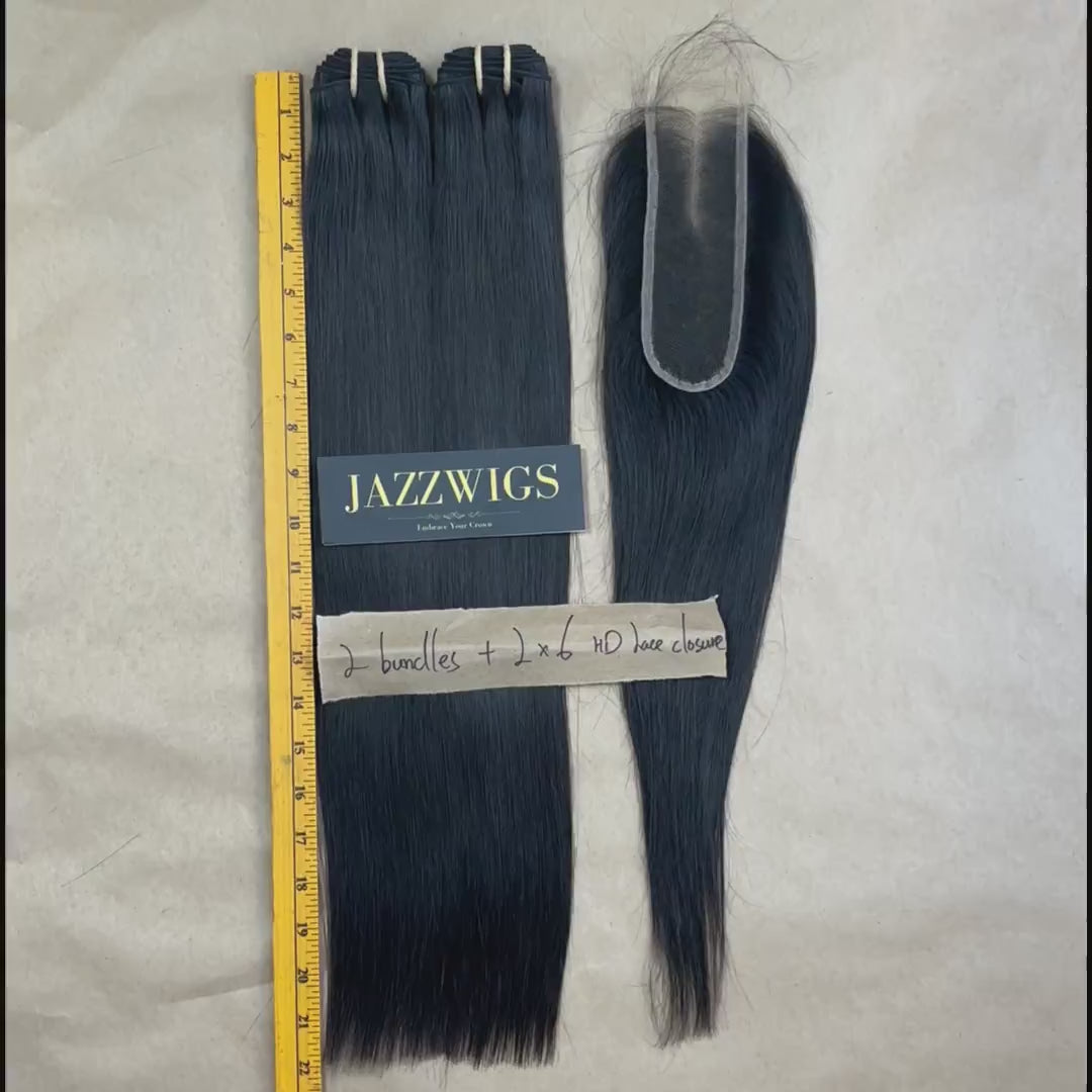 2 Raw Vietnamese Straight Hair Bundles with 2×6 HD Lace Closure