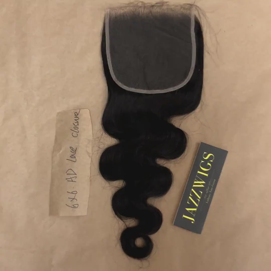 Black hair body wave closure featuring 6x6 HD lace for wig vendors.