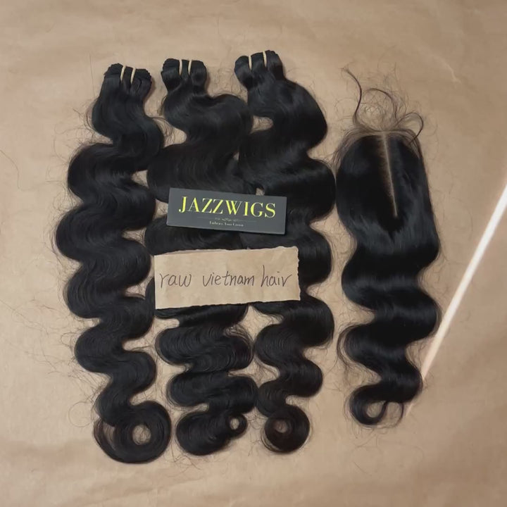 3 Raw Vietnamese Body Wave Hair Bundles with 2×6 HD Lace Closure