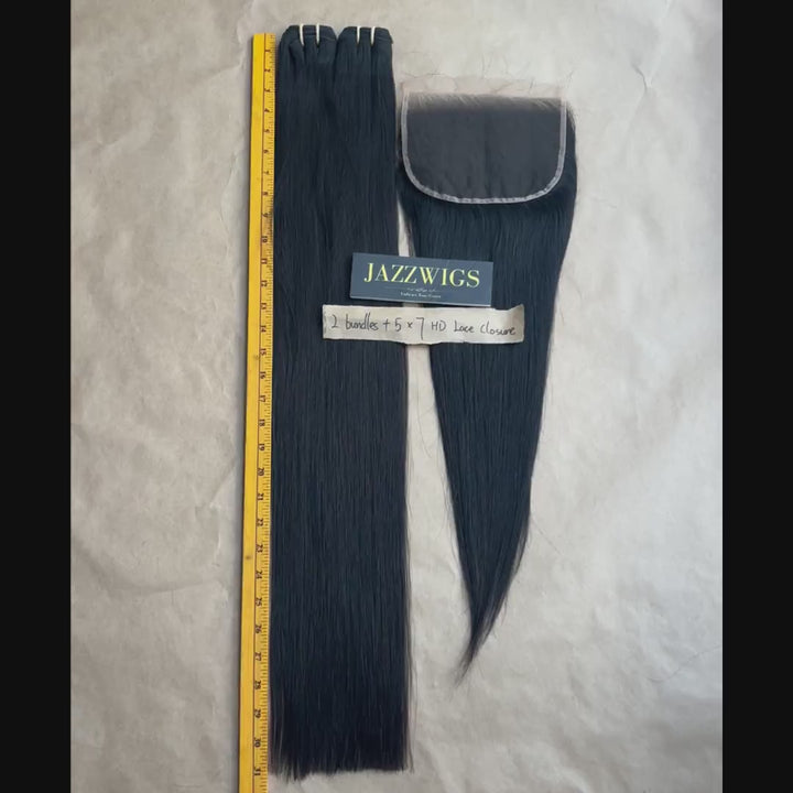 2 Raw Vietnamese Straight Hair Bundles with 7×5 HD Lace Closure