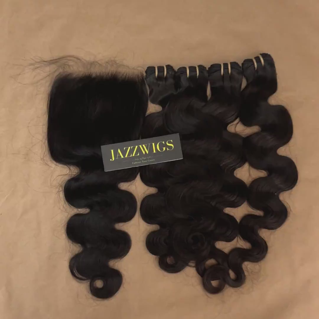 5x5 HD lace closure with raw body wave bundles for flawless installs.