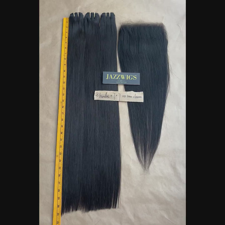 3 Raw Vietnamese Straight Hair Bundles with 7×7 HD Lace Closure