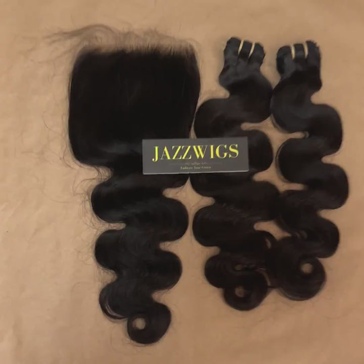 5x5 HD lace closure and raw body wave bundles for seamless installs.