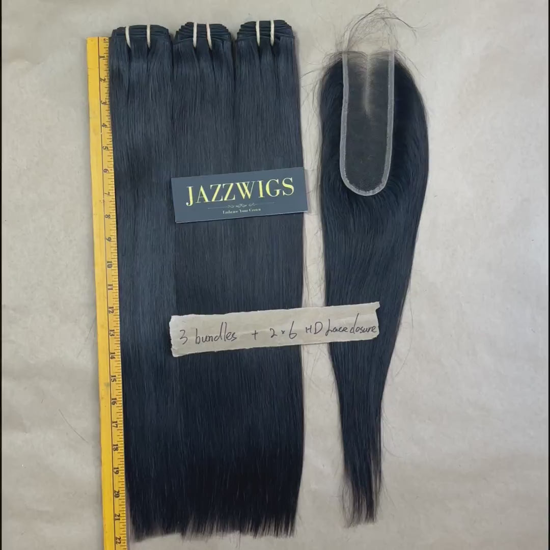 3 Raw Vietnamese Straight Hair Bundles with 2×6 HD Lace Closure