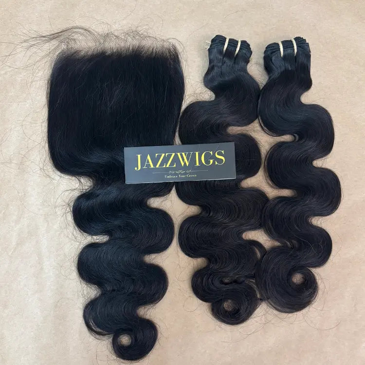Raw body wave 2 bundles with 5x5 HD lace closure for Black women.