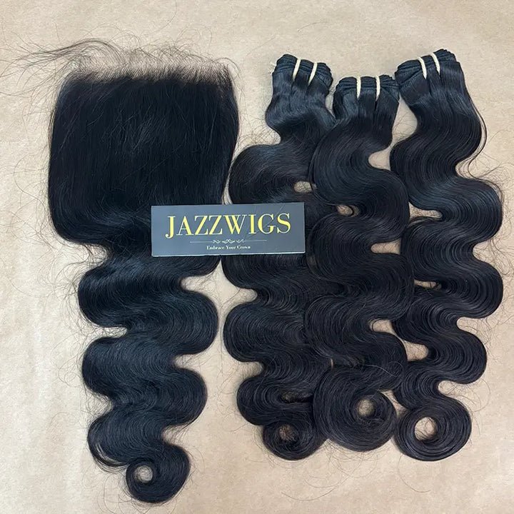 Raw body wave 3 bundles with 5x5 HD lace closure for Black women.