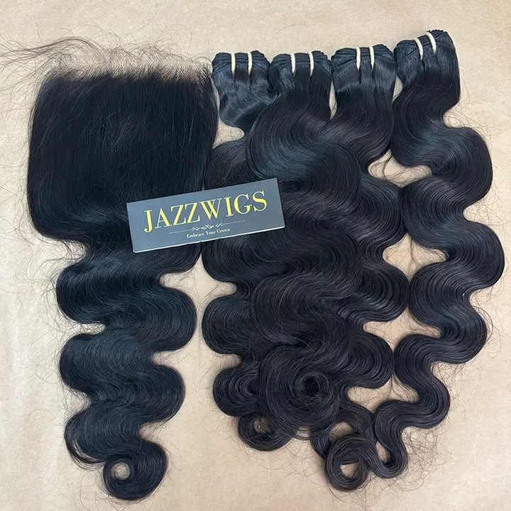 Raw body wave 4 bundles with 5x5 HD lace closure for Black women.