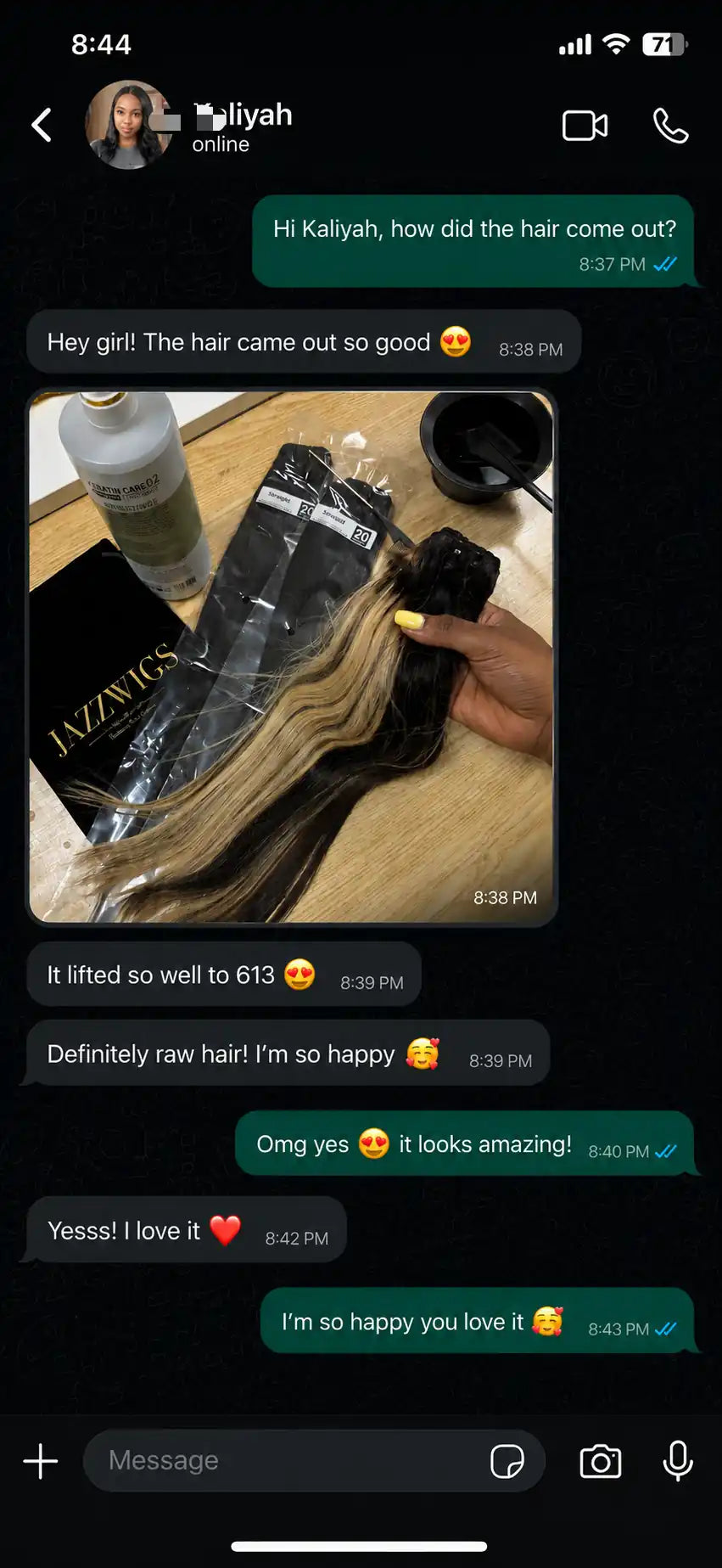 Customer feedback showing Raw Hair lifted successfully to #613 blonde