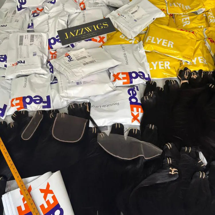 Bundles of raw Vietnamese hair prepared for fast DHL and FedEx shipping from JazzWigs wholesale vendor