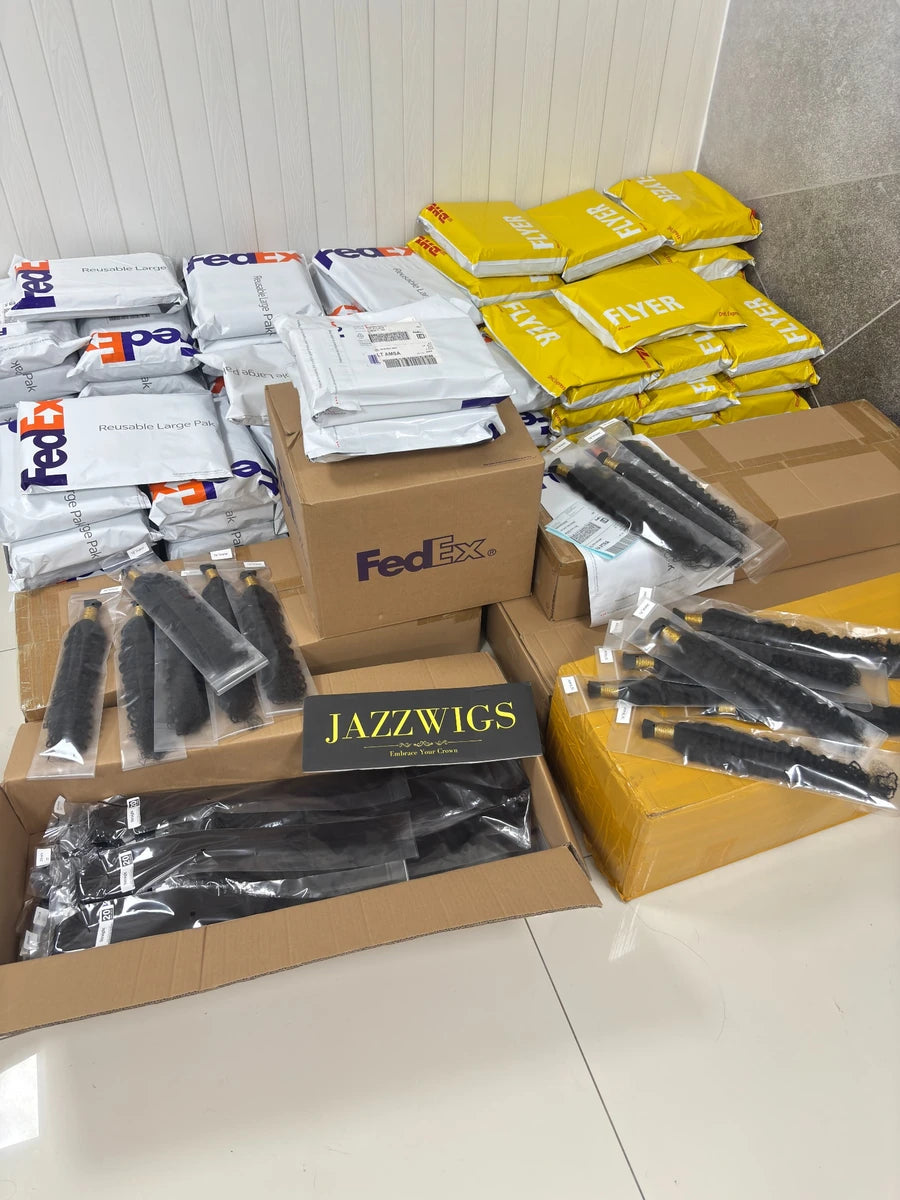 Real JazzWigs wholesale human hair orders prepared for FedEx and DHL shipping