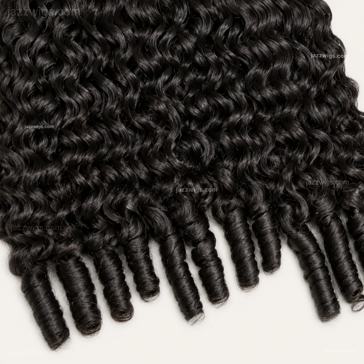 Curly human hair bundle texture detail.