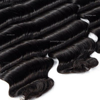 Full deep wave human hair bundle display for salon supply and wholesale buyers.