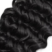 Natural black water wave human hair bundles for sew-in installs and wig making.