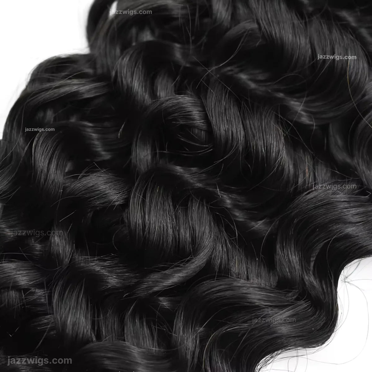 Natural black water wave human hair bundles for sew-in installs and wig making.