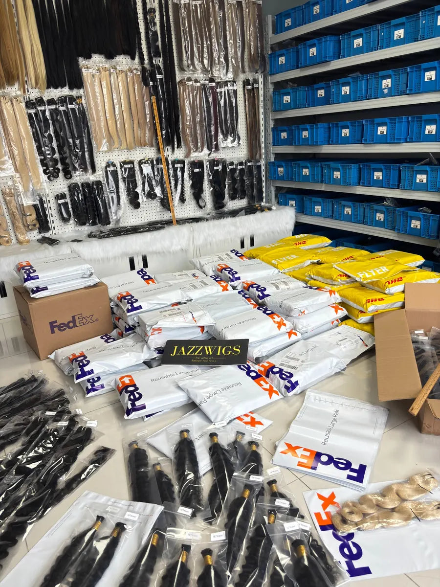 JazzWigs wholesale hair orders and inventory prepared for global shipping